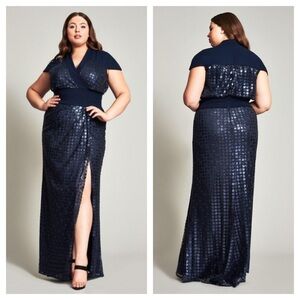 TADASHI SHOJI / NWT Kyo embroidered high slit gown SEQUIN maxi dress navy 1X